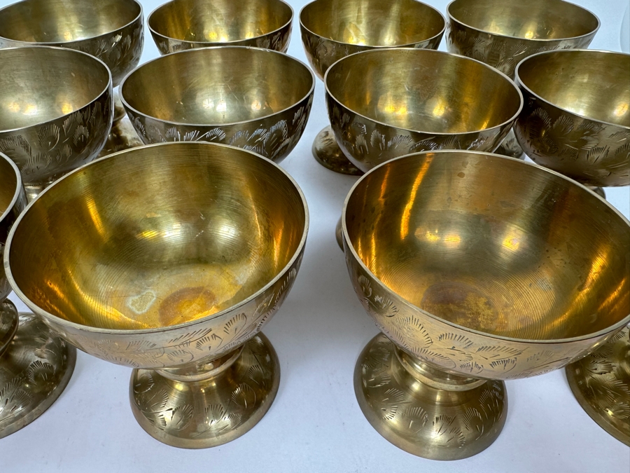 Set Of 12 Vintage India Etched Brass Footed Bowls Cups 4H [Photo 6]