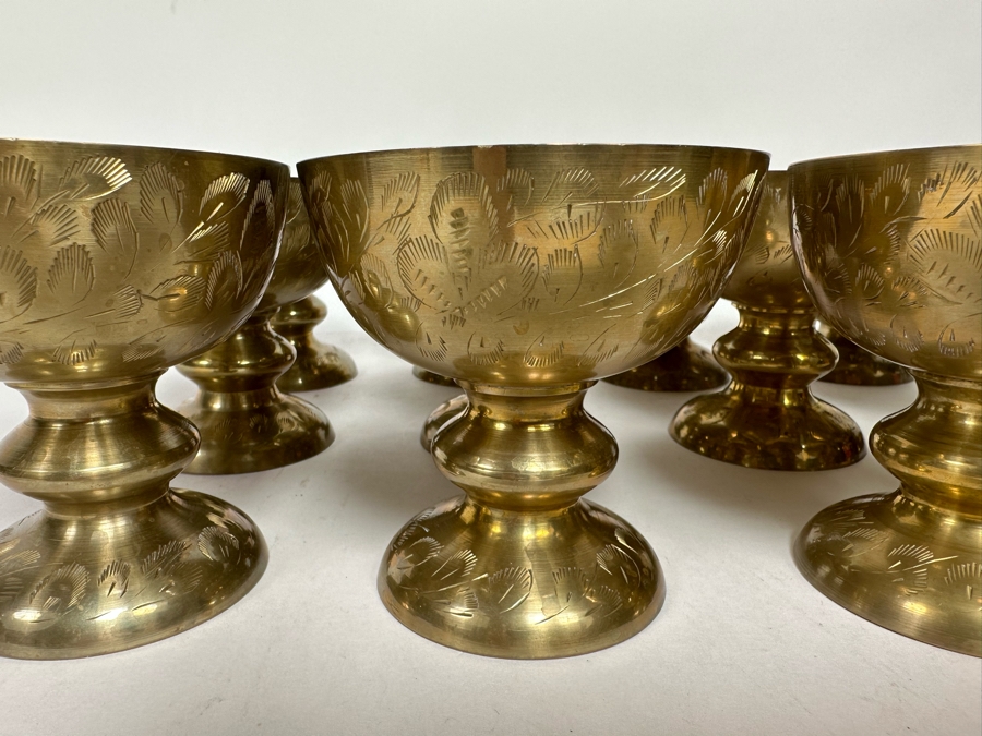 Set Of 12 Vintage India Etched Brass Footed Bowls Cups 4H [Photo 5]