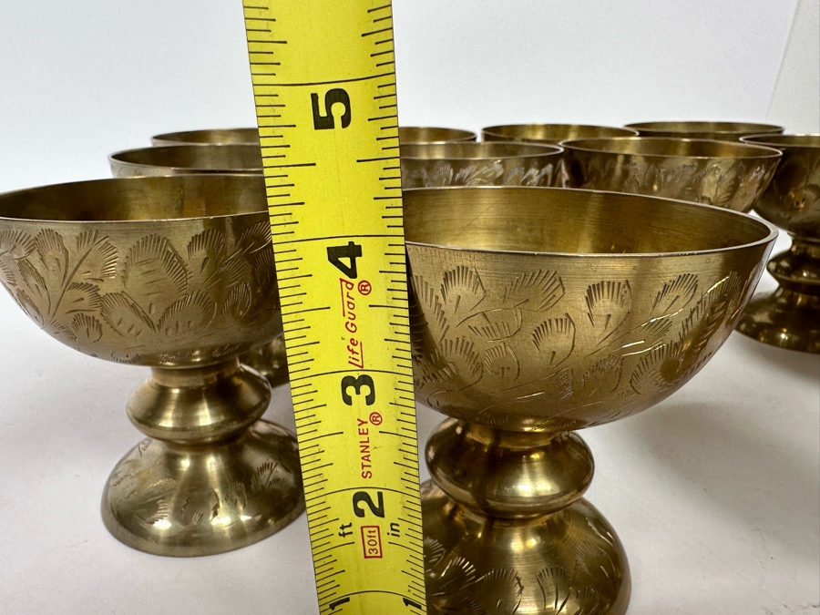 Set Of 12 Vintage India Etched Brass Footed Bowls Cups 4H [Photo 8]