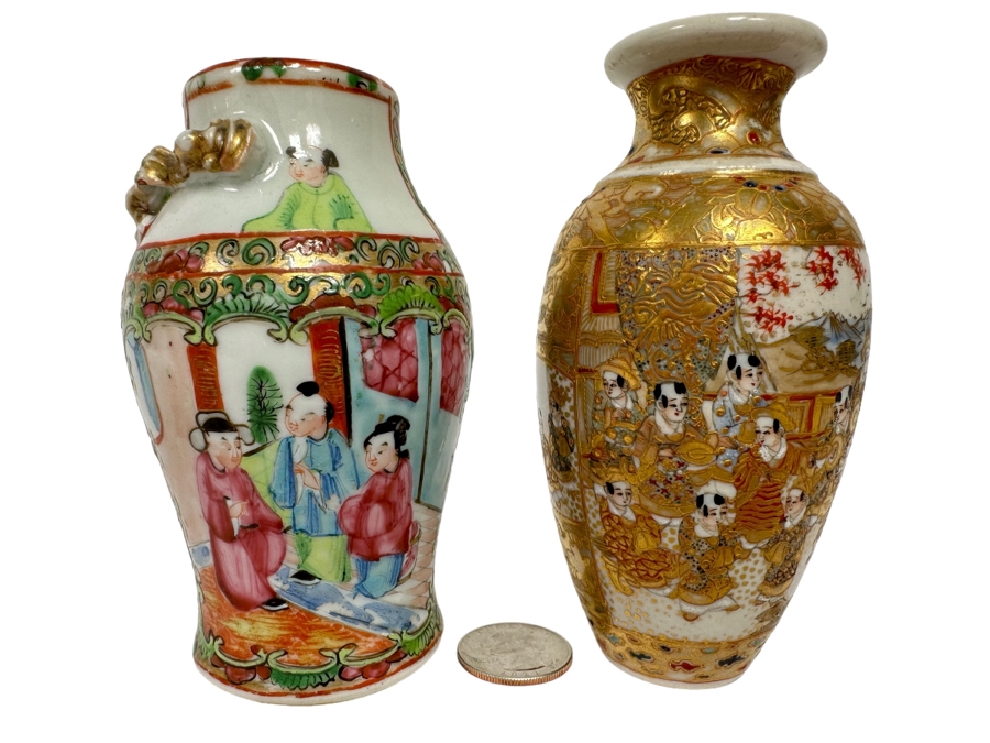 Vintage Chinese Small Hand Painted Porcelain Vase And Vintage Japanese Small Hand Painted Porcelain Vase 4.5H