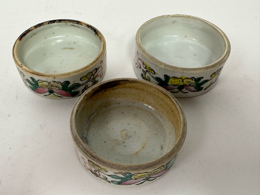 Antique Hand Painted Chinese Famille Rose Hand Painted Stacking Boxes Bowls Butterfly Floral Design 3W X 3H [Photo 11]