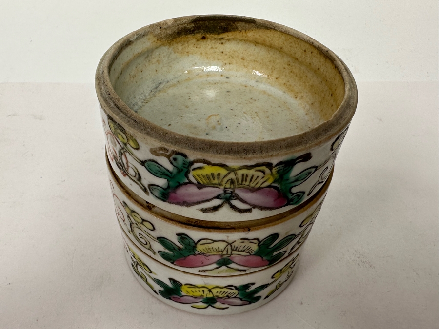 Antique Hand Painted Chinese Famille Rose Hand Painted Stacking Boxes Bowls Butterfly Floral Design 3W X 3H [Photo 8]