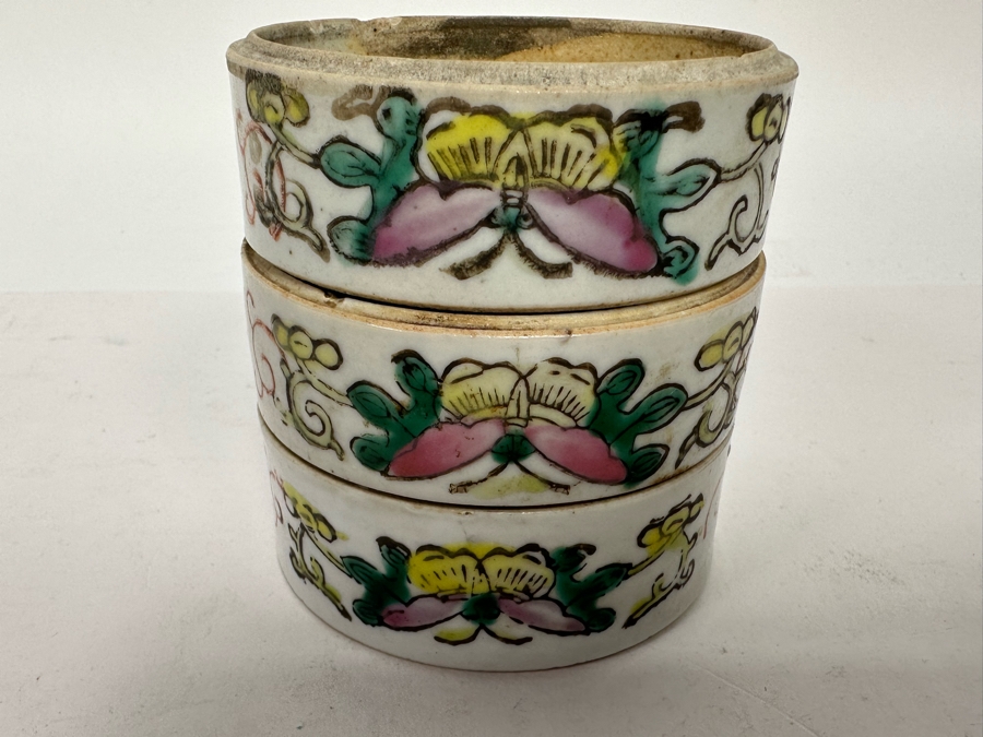 Antique Hand Painted Chinese Famille Rose Hand Painted Stacking Boxes Bowls Butterfly Floral Design 3W X 3H [Photo 7]