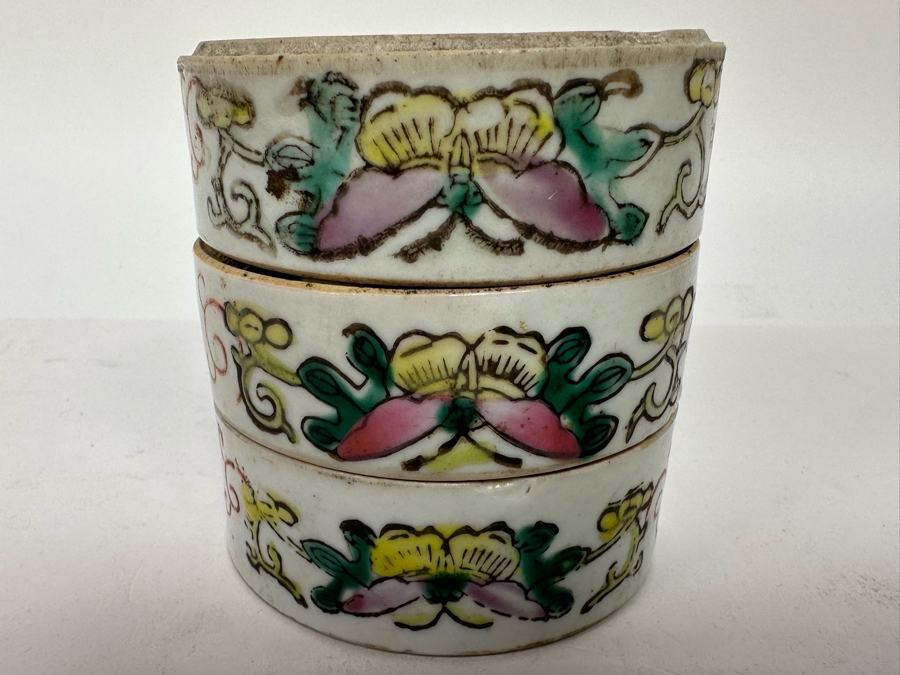 Antique Hand Painted Chinese Famille Rose Hand Painted Stacking Boxes Bowls Butterfly Floral Design 3W X 3H [Photo 4]