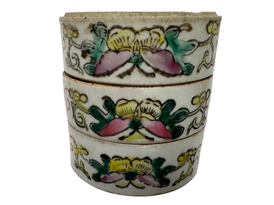 Antique Hand Painted Chinese Famille Rose Hand Painted Stacking Boxes Bowls Butterfly Floral Design 3W X 3H