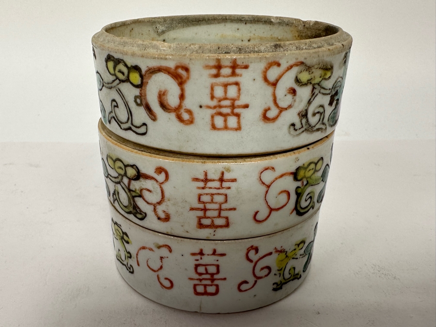 Antique Hand Painted Chinese Famille Rose Hand Painted Stacking Boxes Bowls Butterfly Floral Design 3W X 3H [Photo 6]