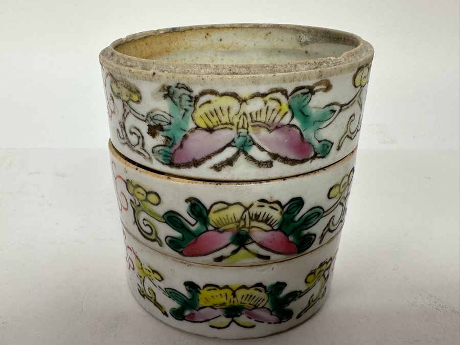 Antique Hand Painted Chinese Famille Rose Hand Painted Stacking Boxes Bowls Butterfly Floral Design 3W X 3H [Photo 5]