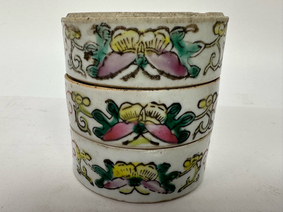 Antique Hand Painted Chinese Famille Rose Hand Painted Stacking Boxes Bowls Butterfly Floral Design 3W X 3H [Photo 3]