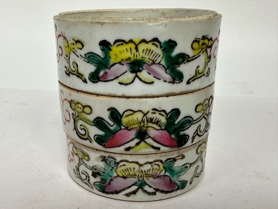 Antique Hand Painted Chinese Famille Rose Hand Painted Stacking Boxes Bowls Butterfly Floral Design 3W X 3H [Photo 2]