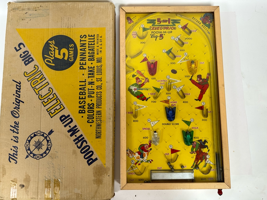 Original Poosh-M-Up Electric Big 5 Game: Baseball, Pennants, Colors, Put-N-Take And Bagatelle By Northwestern Products With Box 13 X 23 [Photo 2]