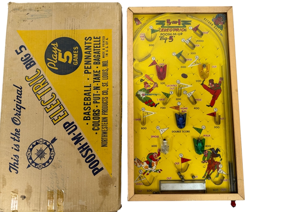 Original Poosh-M-Up Electric Big 5 Game: Baseball, Pennants, Colors, Put-N-Take And Bagatelle By Northwestern Products With Box 13 X 23 [Photo 1]