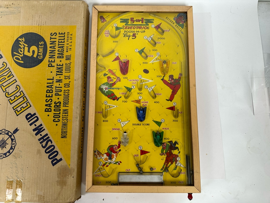 Original Poosh-M-Up Electric Big 5 Game: Baseball, Pennants, Colors, Put-N-Take And Bagatelle By Northwestern Products With Box 13 X 23 [Photo 3]