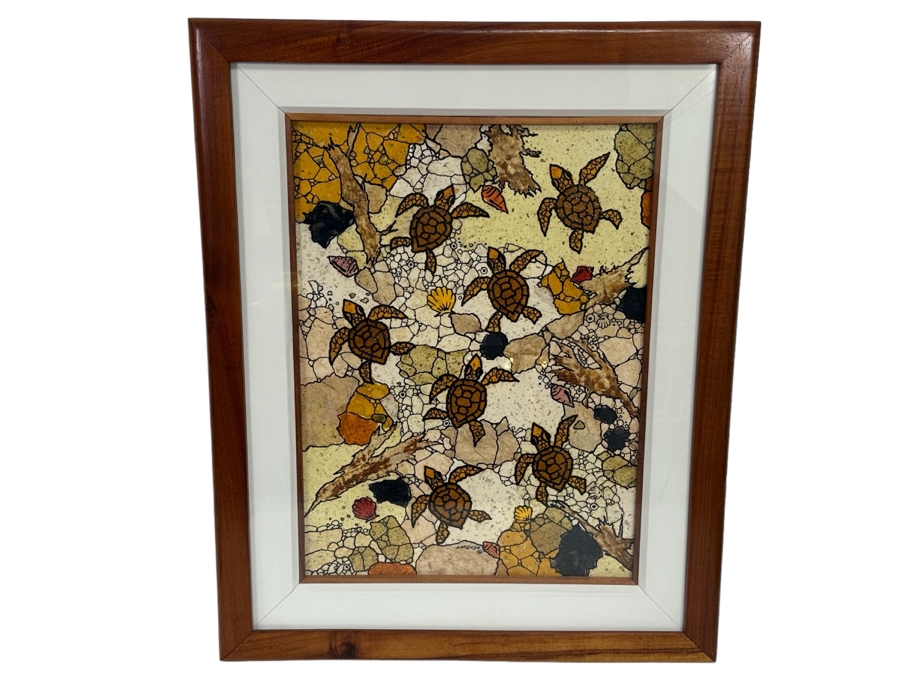 Maui Artist Fred Lorenzo Original 2006 Sea Turtle Mixed Media Artwork 16.5 X 23.5 In Koa Wood Frame 26 X 32 [Photo 1]