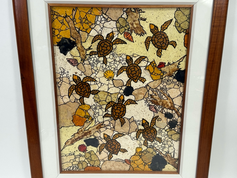 Maui Artist Fred Lorenzo Original 2006 Sea Turtle Mixed Media Artwork 16.5 X 23.5 In Koa Wood Frame 26 X 32 [Photo 3]