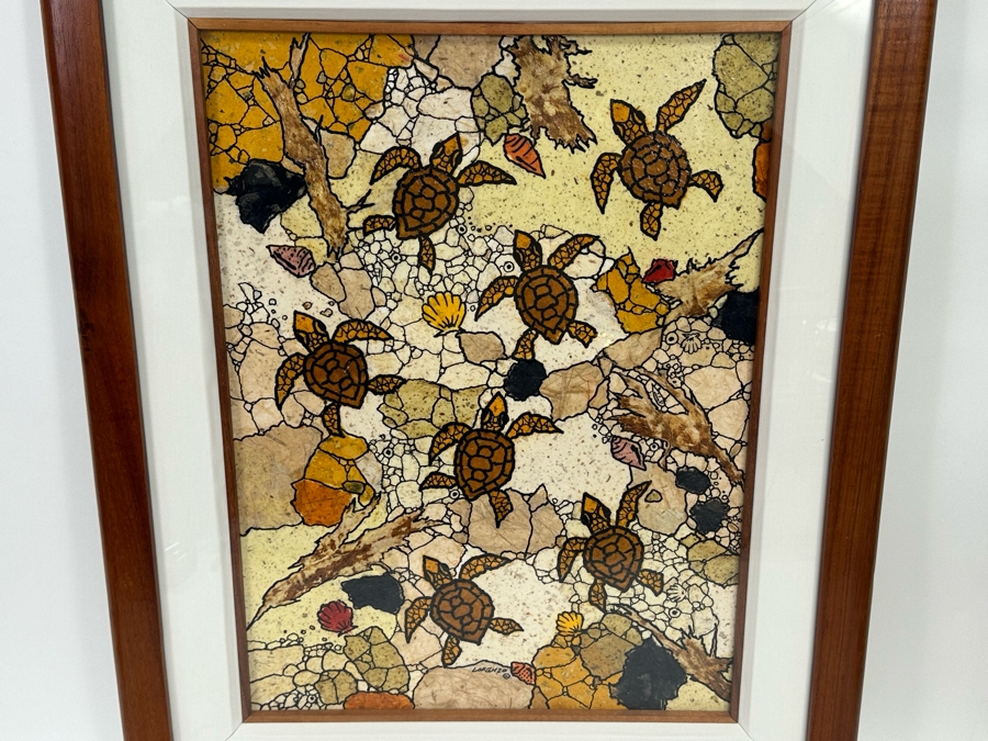 Maui Artist Fred Lorenzo Original 2006 Sea Turtle Mixed Media Artwork 16.5 X 23.5 In Koa Wood Frame 26 X 32 [Photo 2]