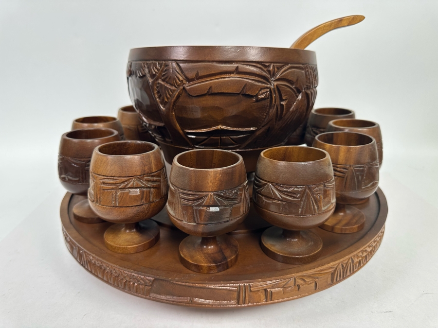 Vintage Monkey Pod Tiki Hut Carved Wooden Punch Bowl Set With Serving Spoon And Goblets 10H X 17W [Photo 3]
