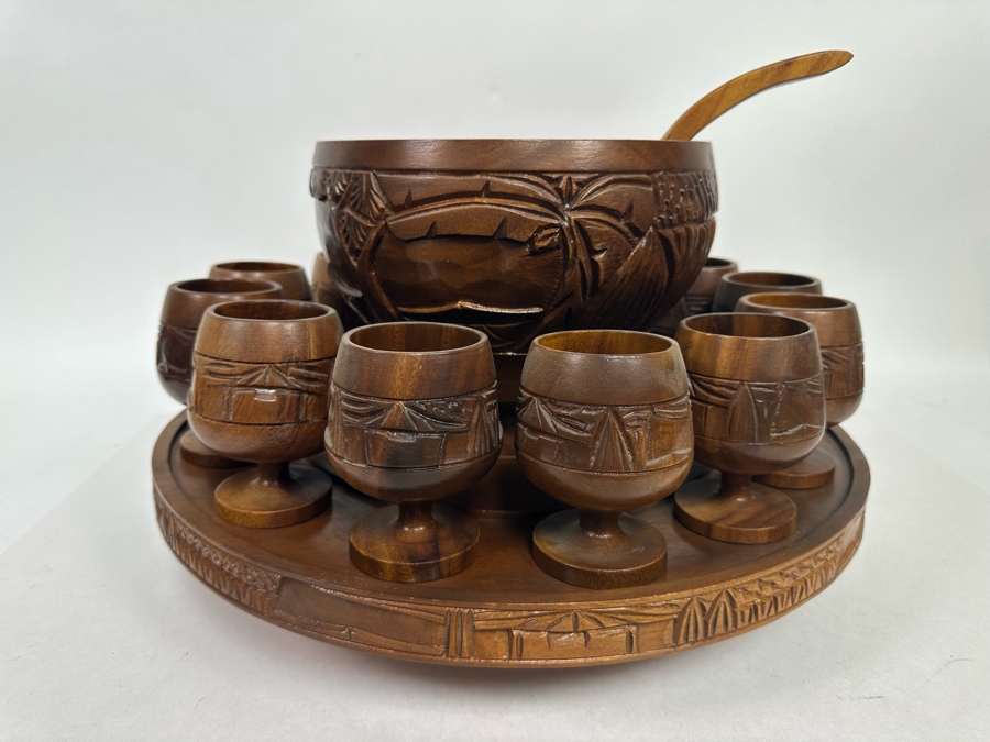 Vintage Monkey Pod Tiki Hut Carved Wooden Punch Bowl Set With Serving Spoon And Goblets 10H X 17W [Photo 6]