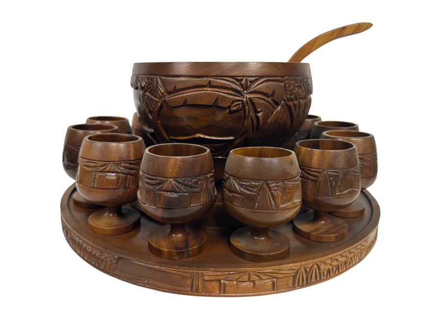 Vintage Monkey Pod Tiki Hut Carved Wooden Punch Bowl Set With Serving Spoon And Goblets 10H X 17W [Photo 1]