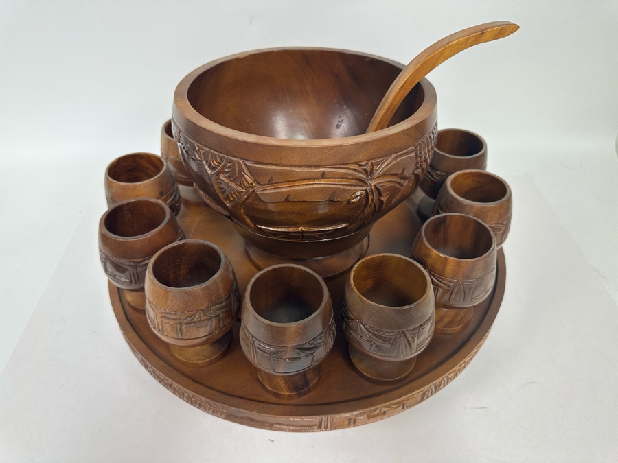 Vintage Monkey Pod Tiki Hut Carved Wooden Punch Bowl Set With Serving Spoon And Goblets 10H X 17W [Photo 5]