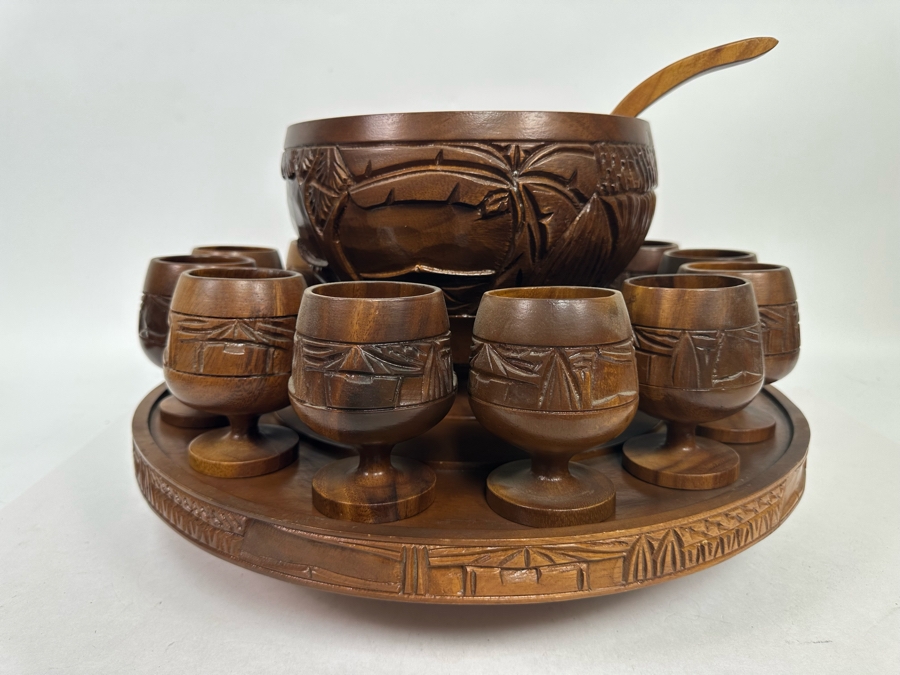 Vintage Monkey Pod Tiki Hut Carved Wooden Punch Bowl Set With Serving Spoon And Goblets 10H X 17W [Photo 7]