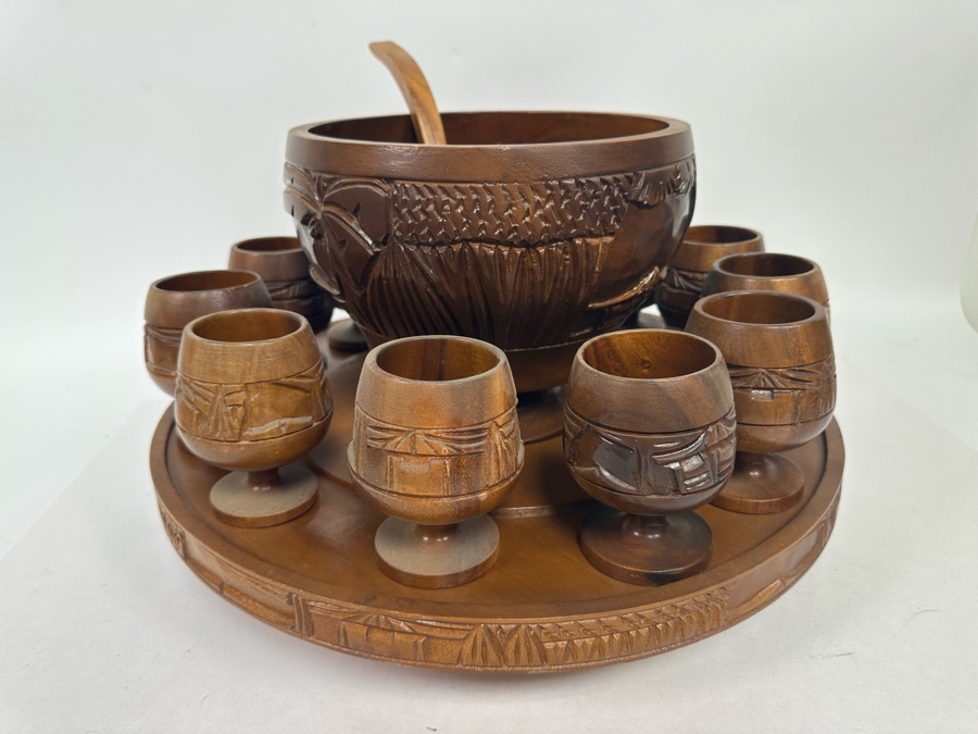Vintage Monkey Pod Tiki Hut Carved Wooden Punch Bowl Set With Serving Spoon And Goblets 10H X 17W [Photo 8]