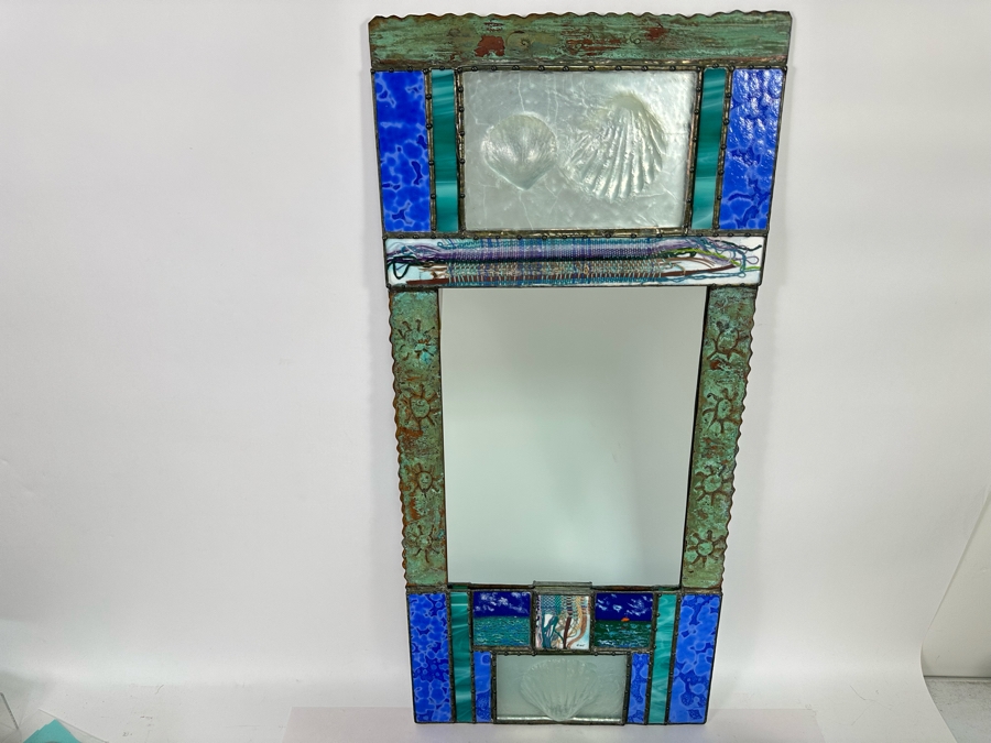 Cindy Hirt Signed Original Custom Designer Metal And Art Glass Sea Shell Beach Decor Design Wall Mirror 15.5 X 33.5 [Photo 2]