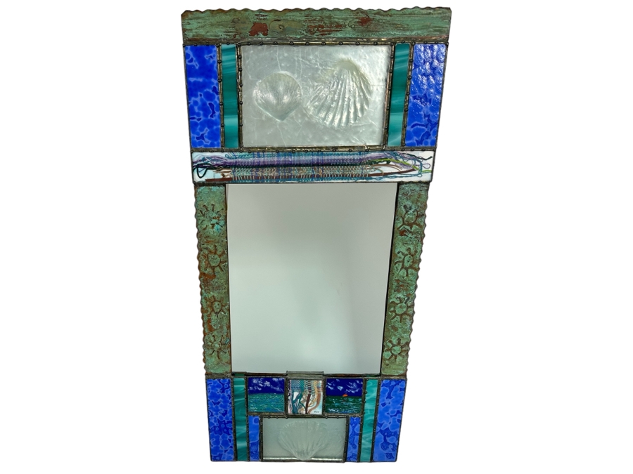 Cindy Hirt Signed Original Custom Designer Metal And Art Glass Sea Shell Beach Decor Design Wall Mirror 15.5 X 33.5 [Photo 1]