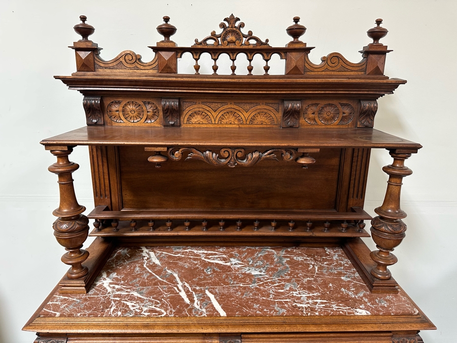 Antique Carved Wooden Henry II Style Server Cabinet With Marble Top 45W X 18D X 72H [Photo 3]