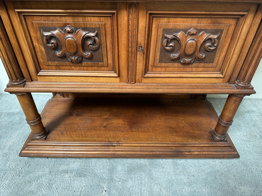 Antique Carved Wooden Henry II Style Server Cabinet With Marble Top 45W X 18D X 72H [Photo 9]