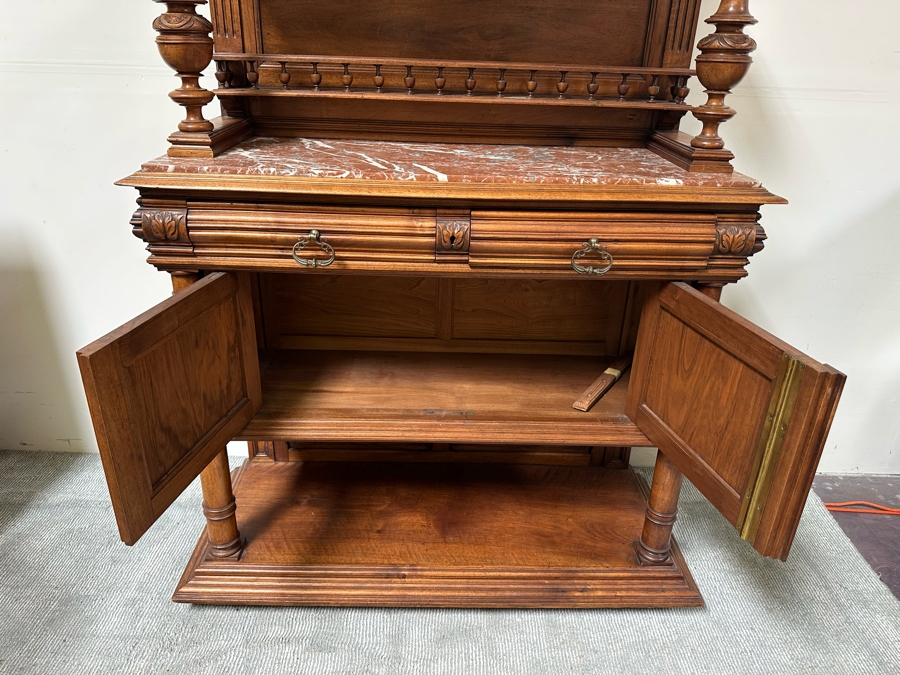 Antique Carved Wooden Henry II Style Server Cabinet With Marble Top 45W X 18D X 72H [Photo 11]