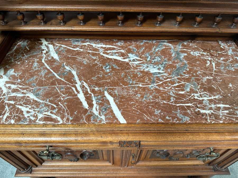 Antique Carved Wooden Henry II Style Server Cabinet With Marble Top 45W X 18D X 72H [Photo 6]