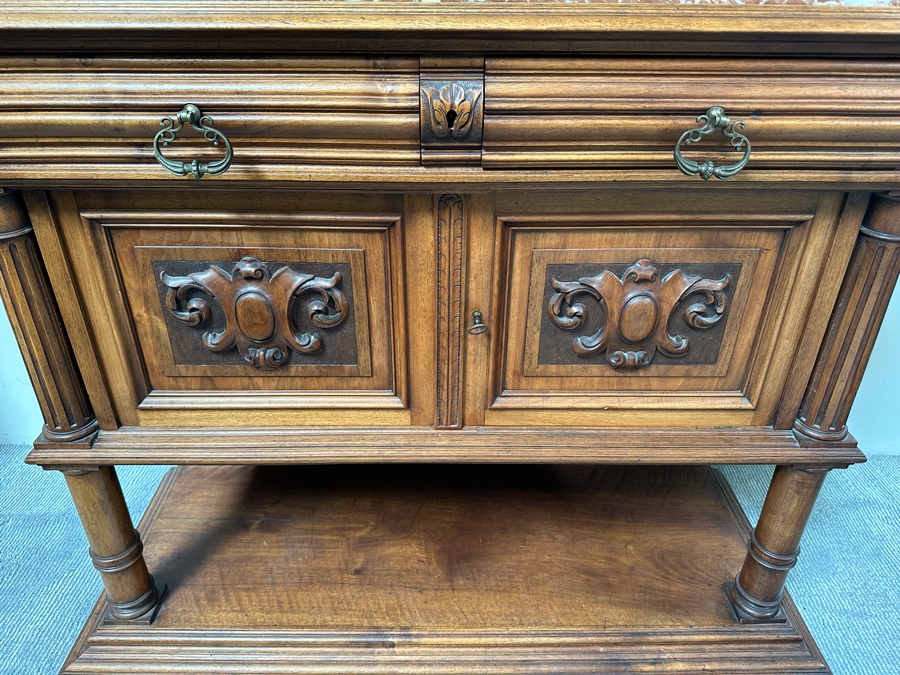 Antique Carved Wooden Henry II Style Server Cabinet With Marble Top 45W X 18D X 72H [Photo 8]