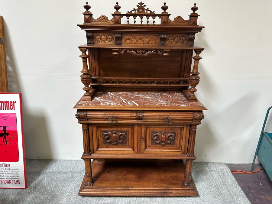Antique Carved Wooden Henry II Style Server Cabinet With Marble Top 45W X 18D X 72H [Photo 2]
