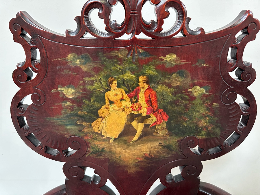 Antique Carved Mahogany Armchair With Hand Painted Back Of Courting Scene 25W X 22D X 41.5H [Photo 6]