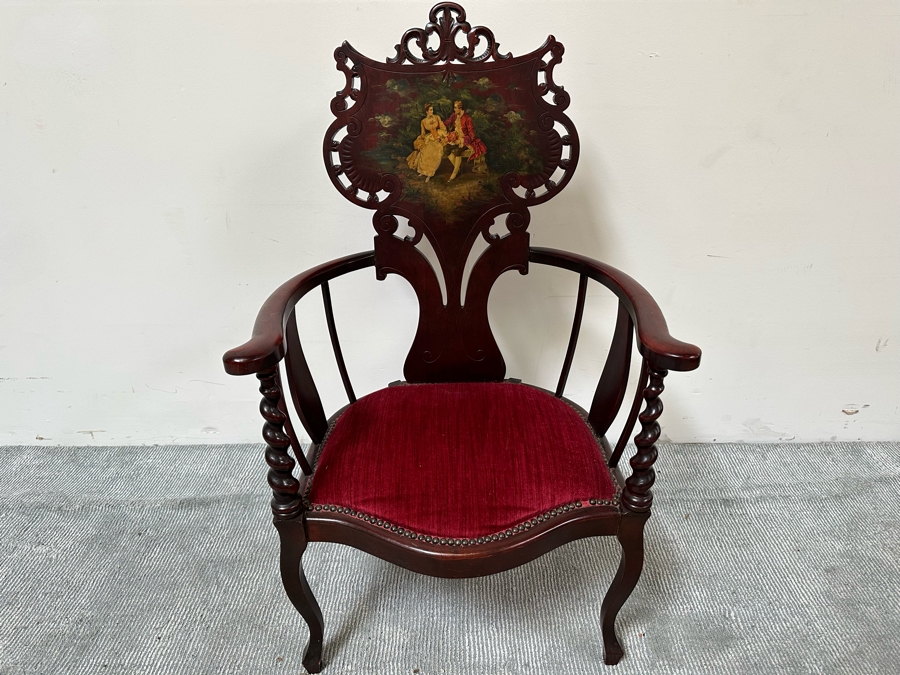 Antique Carved Mahogany Armchair With Hand Painted Back Of Courting Scene 25W X 22D X 41.5H [Photo 5]