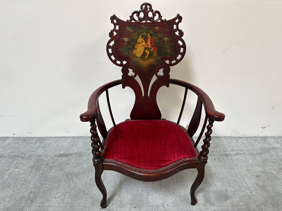 Antique Carved Mahogany Armchair With Hand Painted Back Of Courting Scene 25W X 22D X 41.5H [Photo 4]