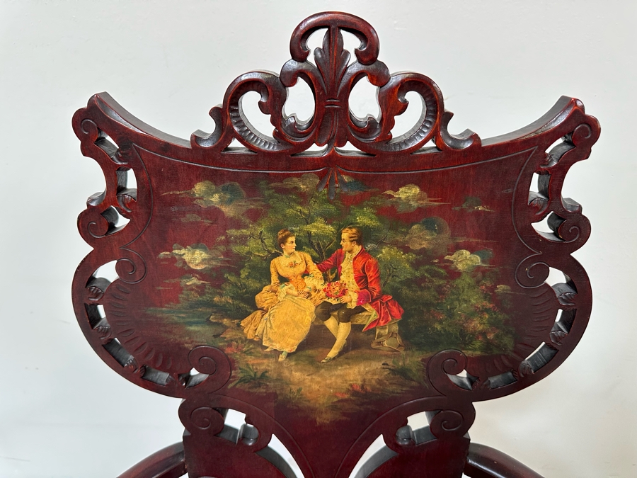 Antique Carved Mahogany Armchair With Hand Painted Back Of Courting Scene 25W X 22D X 41.5H [Photo 7]