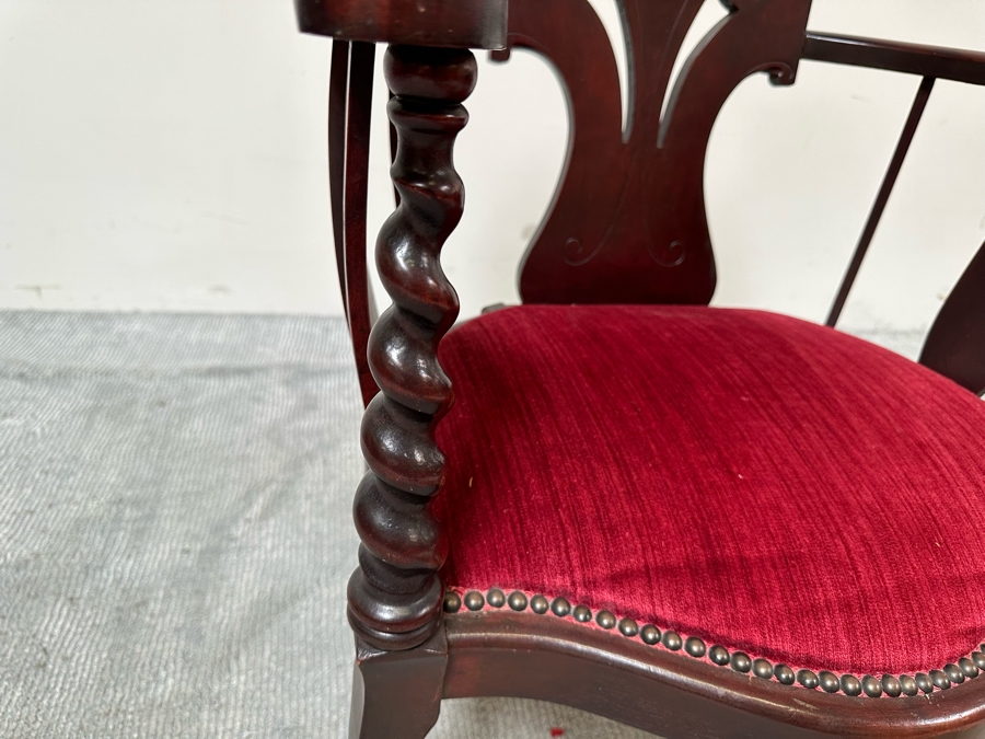 Antique Carved Mahogany Armchair With Hand Painted Back Of Courting Scene 25W X 22D X 41.5H [Photo 12]