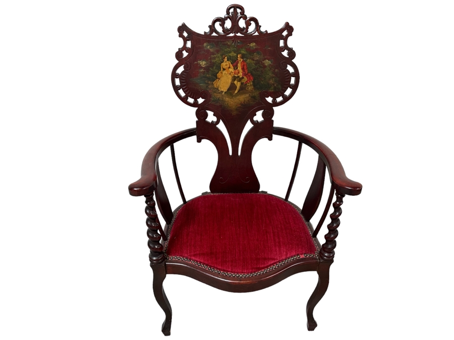 Antique Carved Mahogany Armchair With Hand Painted Back Of Courting Scene 25W X 22D X 41.5H [Photo 2]