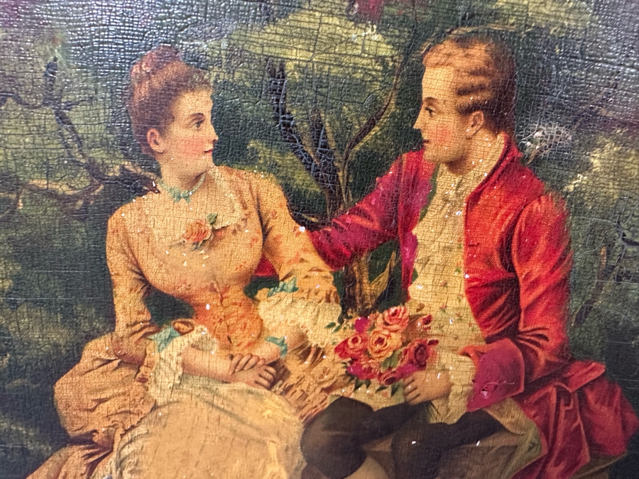 Antique Carved Mahogany Armchair With Hand Painted Back Of Courting Scene 25W X 22D X 41.5H [Photo 9]