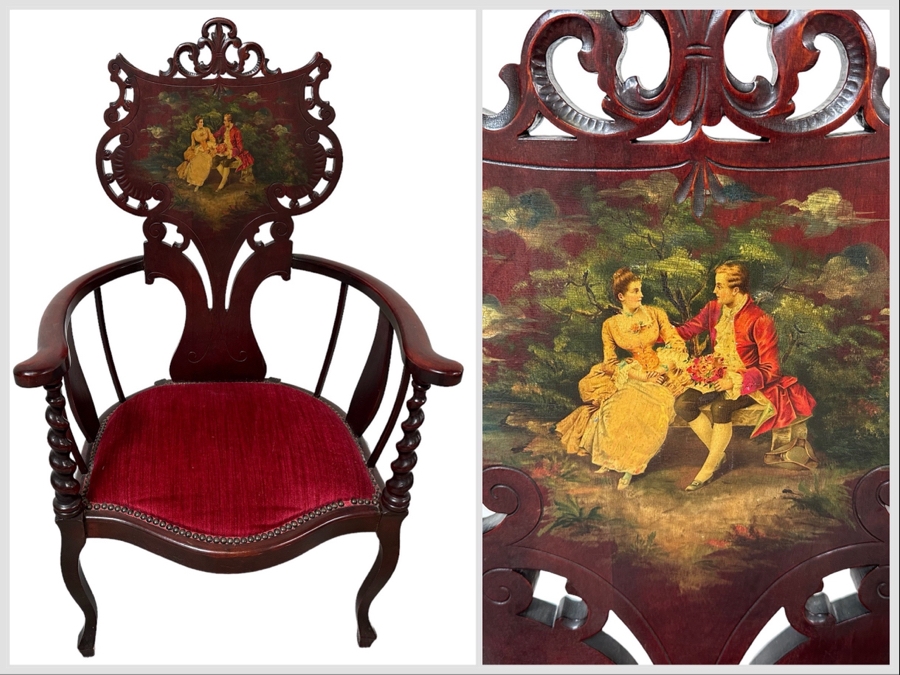 Antique Carved Mahogany Armchair With Hand Painted Back Of Courting Scene 25W X 22D X 41.5H
