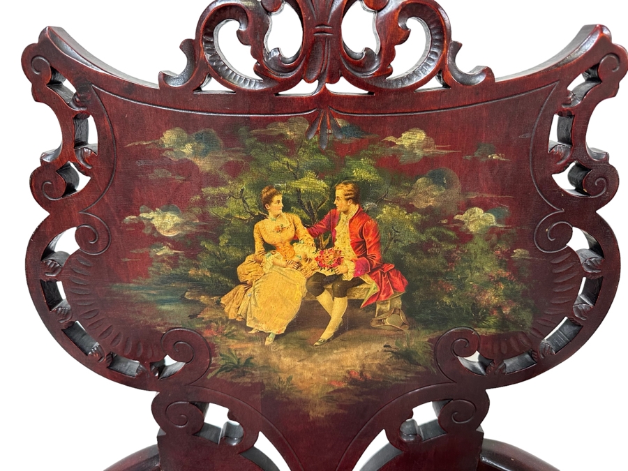 Antique Carved Mahogany Armchair With Hand Painted Back Of Courting Scene 25W X 22D X 41.5H [Photo 3]