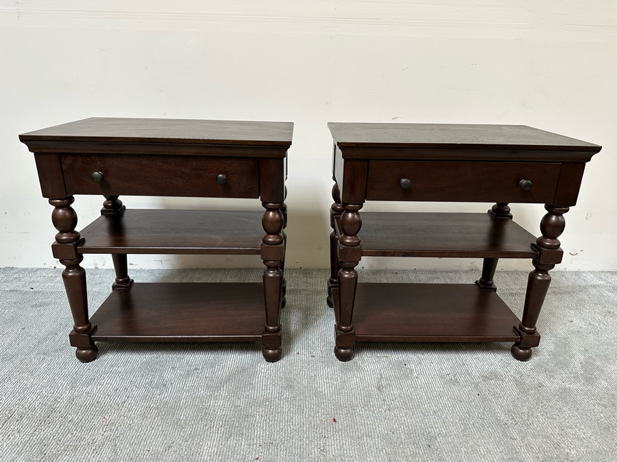 Pair Of Pottery Barn 3-Tier Side Tables With Drawers Nightstands Bedside Tables 29W X 18D X 29.5H [Photo 2]
