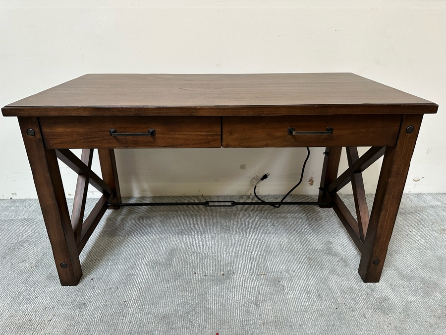 Contemporary Wooden And Metal Office Desk With 2 Electrical Outlets And 3 USB Ports 54.5W X 28D X 30H [Photo 3]