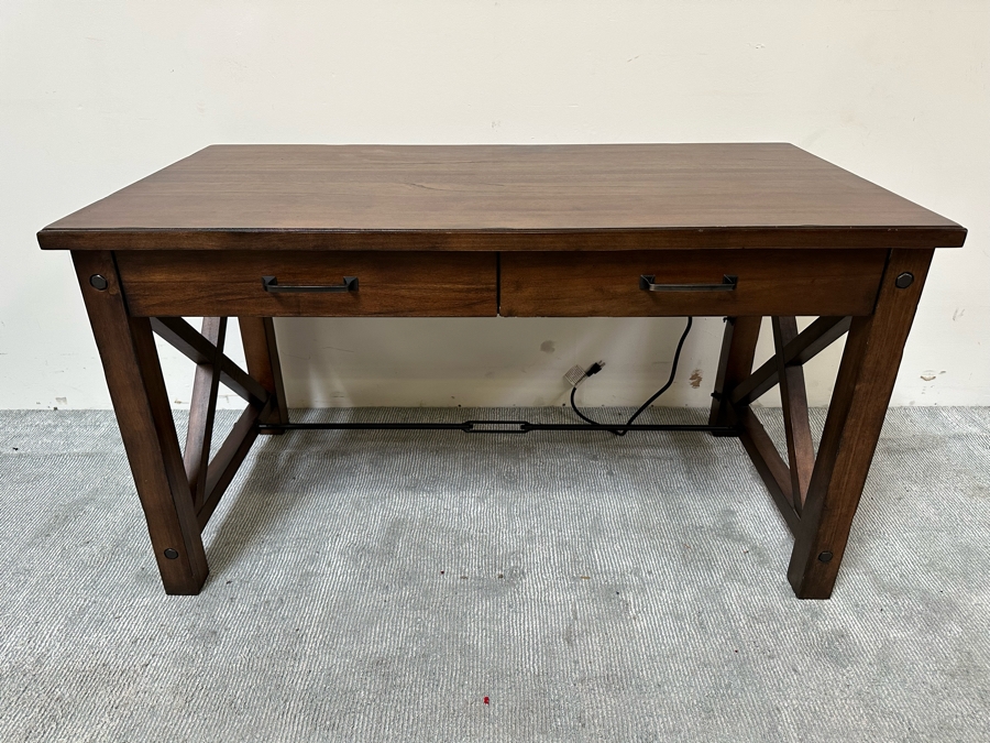 Contemporary Wooden And Metal Office Desk With 2 Electrical Outlets And 3 USB Ports 54.5W X 28D X 30H [Photo 1]