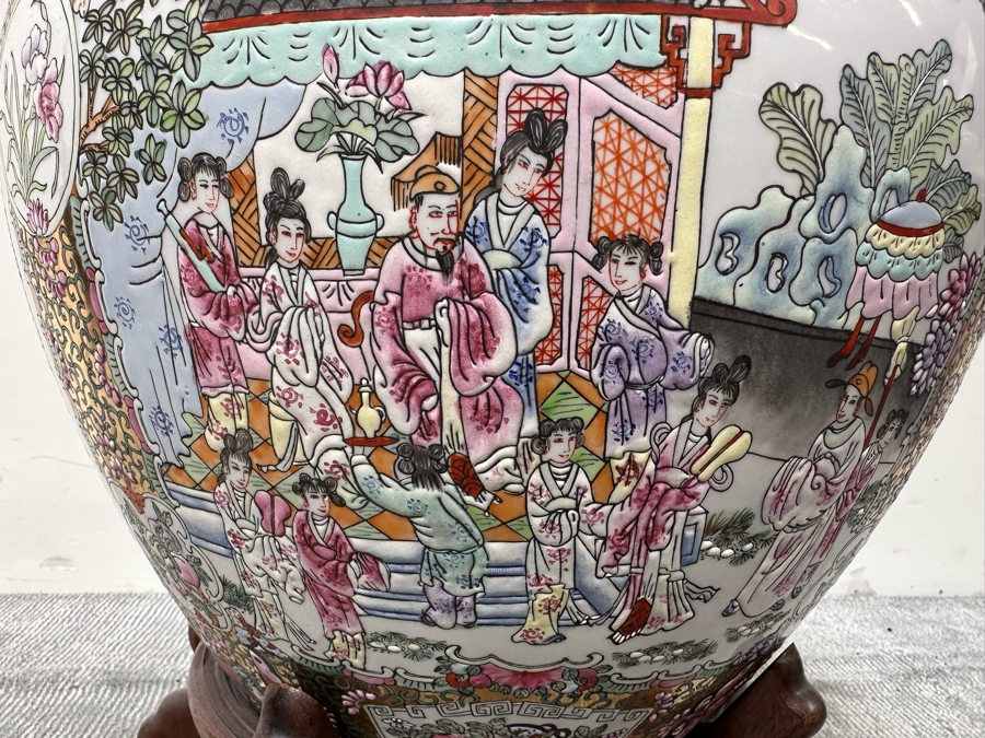 Large Chinese Porcelain Famille Rose Fish Bowl Planter 17.5W With Wooden Stand [Photo 10]