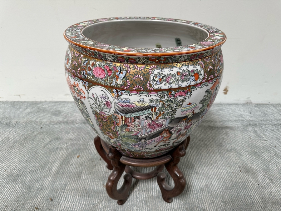 Large Chinese Porcelain Famille Rose Fish Bowl Planter 17.5W With Wooden Stand [Photo 4]