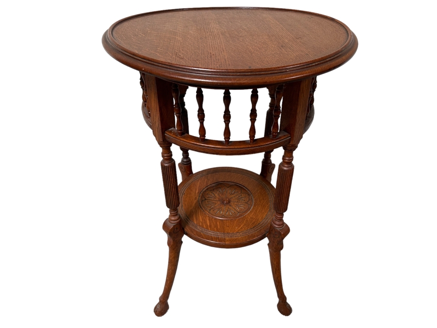 Vintage Carved Tiger Oak 2-Tier Round Side Table 20W X 30.5H [Photo 1]
