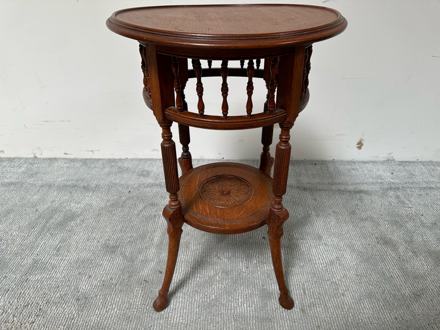 Vintage Carved Tiger Oak 2-Tier Round Side Table 20W X 30.5H [Photo 3]