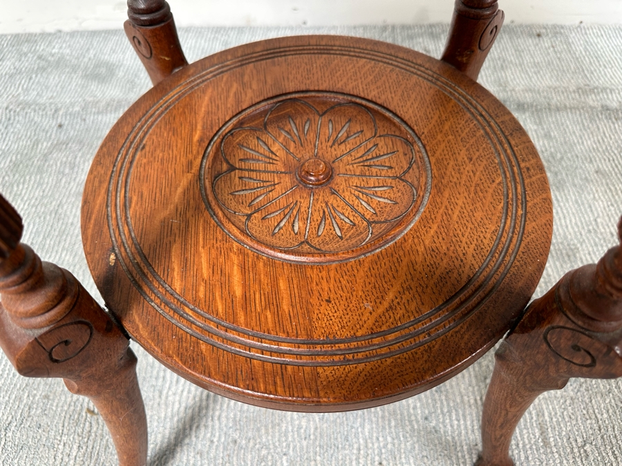 Vintage Carved Tiger Oak 2-Tier Round Side Table 20W X 30.5H [Photo 4]